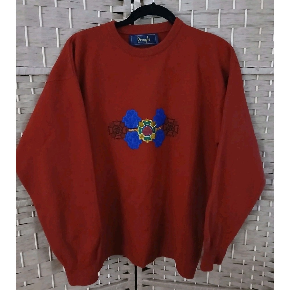 Vintage Pringle Of Scotland Men's Red Pure New Wool Golf Crested Sweater Sz L